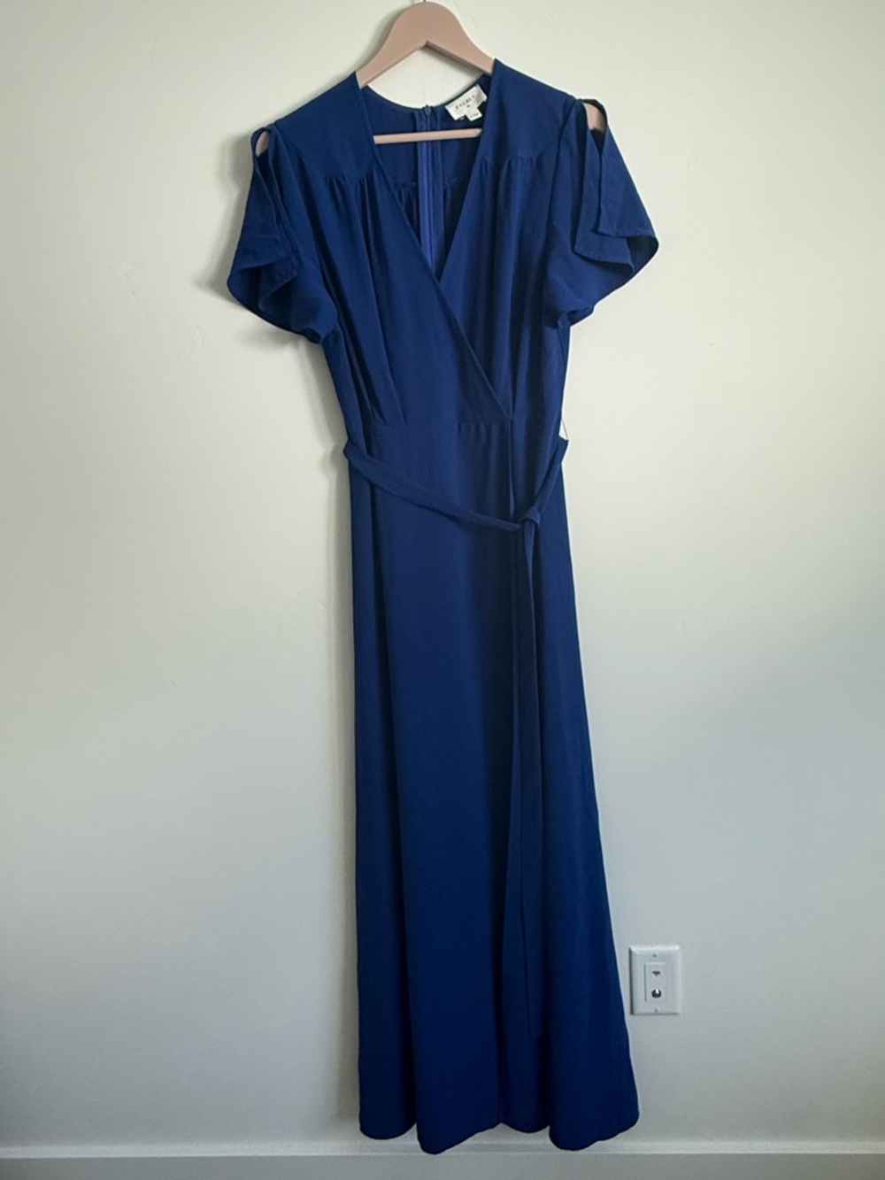 Everly Sapphire Blue Faux Wrap-Front Maxi Dress with Belt